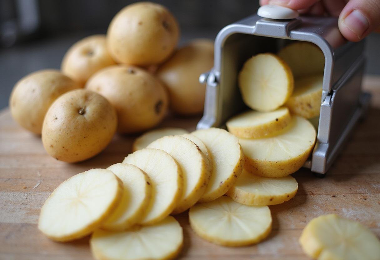Freshly sliced potatoes ready for making Light Bag of Lay's Potato Chips, highlighting the low calories of the snack.