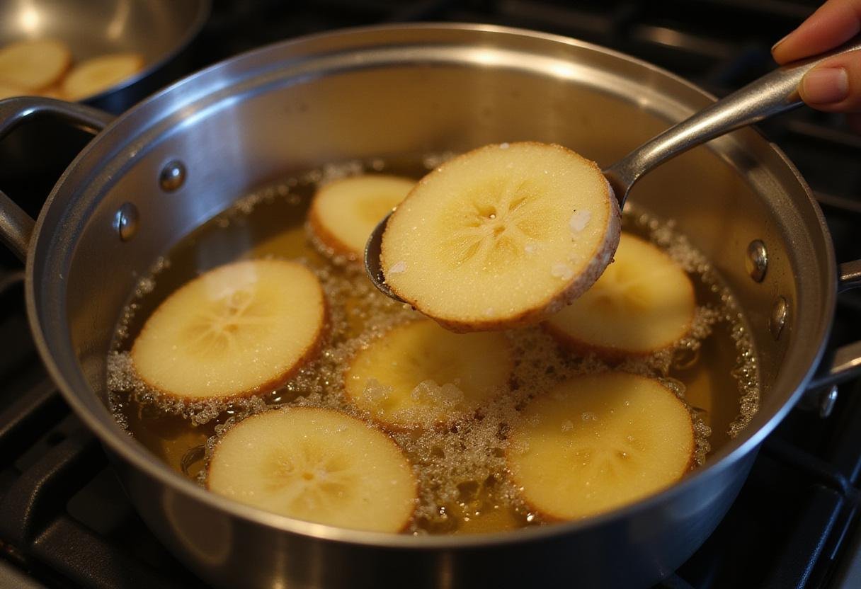Potato slices frying in hot oil, illustrating the cooking process of low-calorie Lay's Potato Chips.