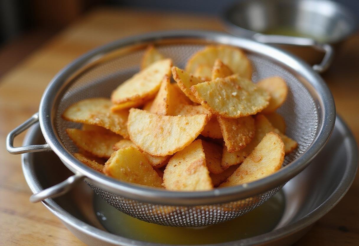 Draining excess oil from freshly fried potato chips, showcasing a healthier preparation for light Lay's Potato Chips.