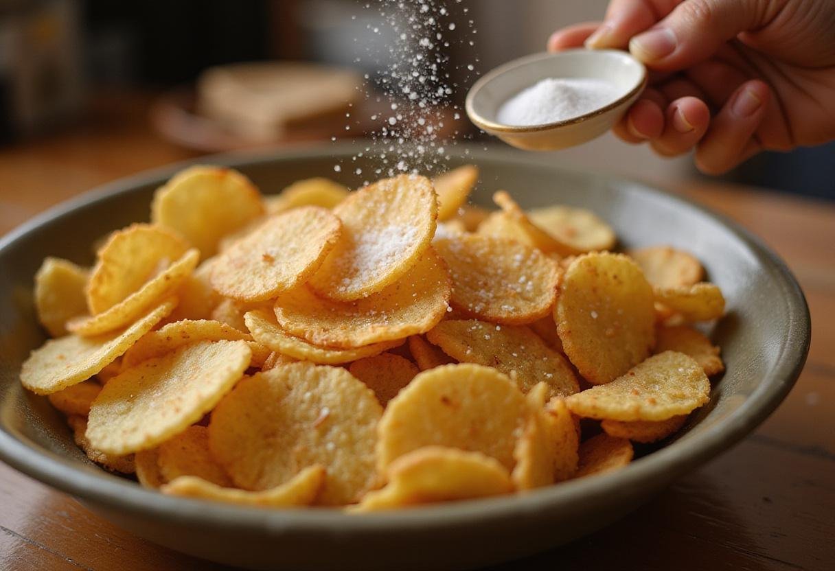 Seasoning crispy potato chips with a pinch of salt, creating a light and tasty snack experience like Lay's Potato Chips.
