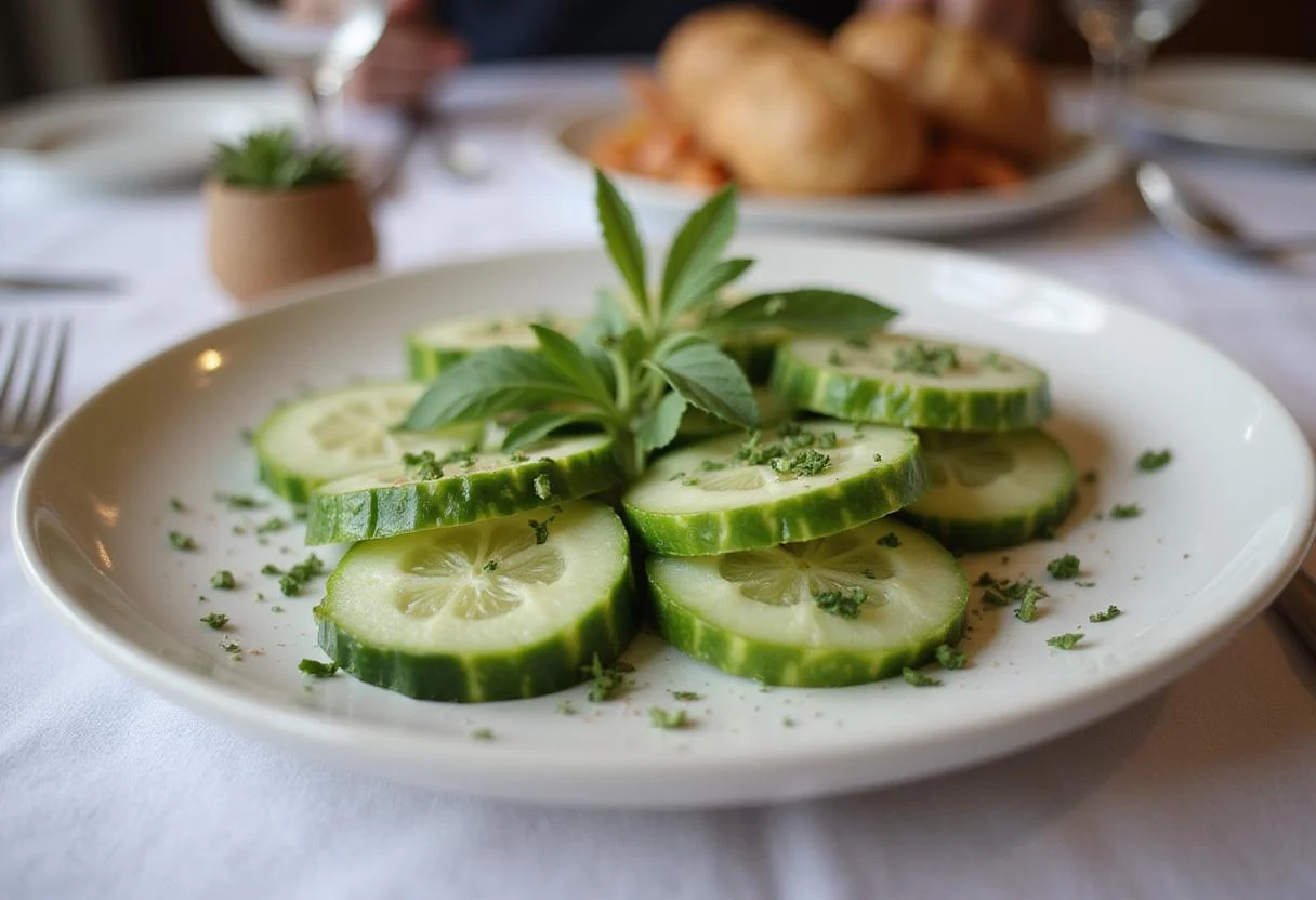 Elegant display of light Persian cucumber bites on a dining table, highlighting the freshness and low-calorie appeal of this appetizer.