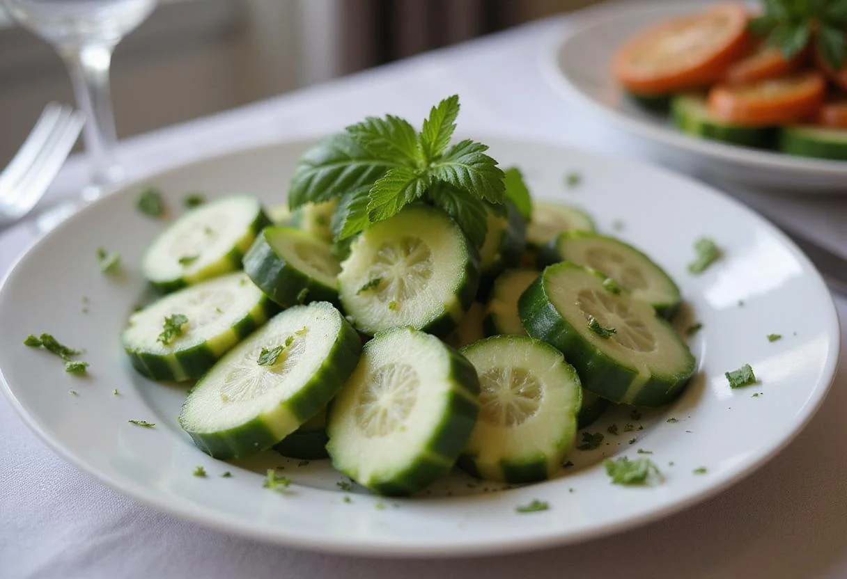 Elegant display of light Persian cucumber bites on a dining table, highlighting the freshness and low-calorie appeal of this appetizer.