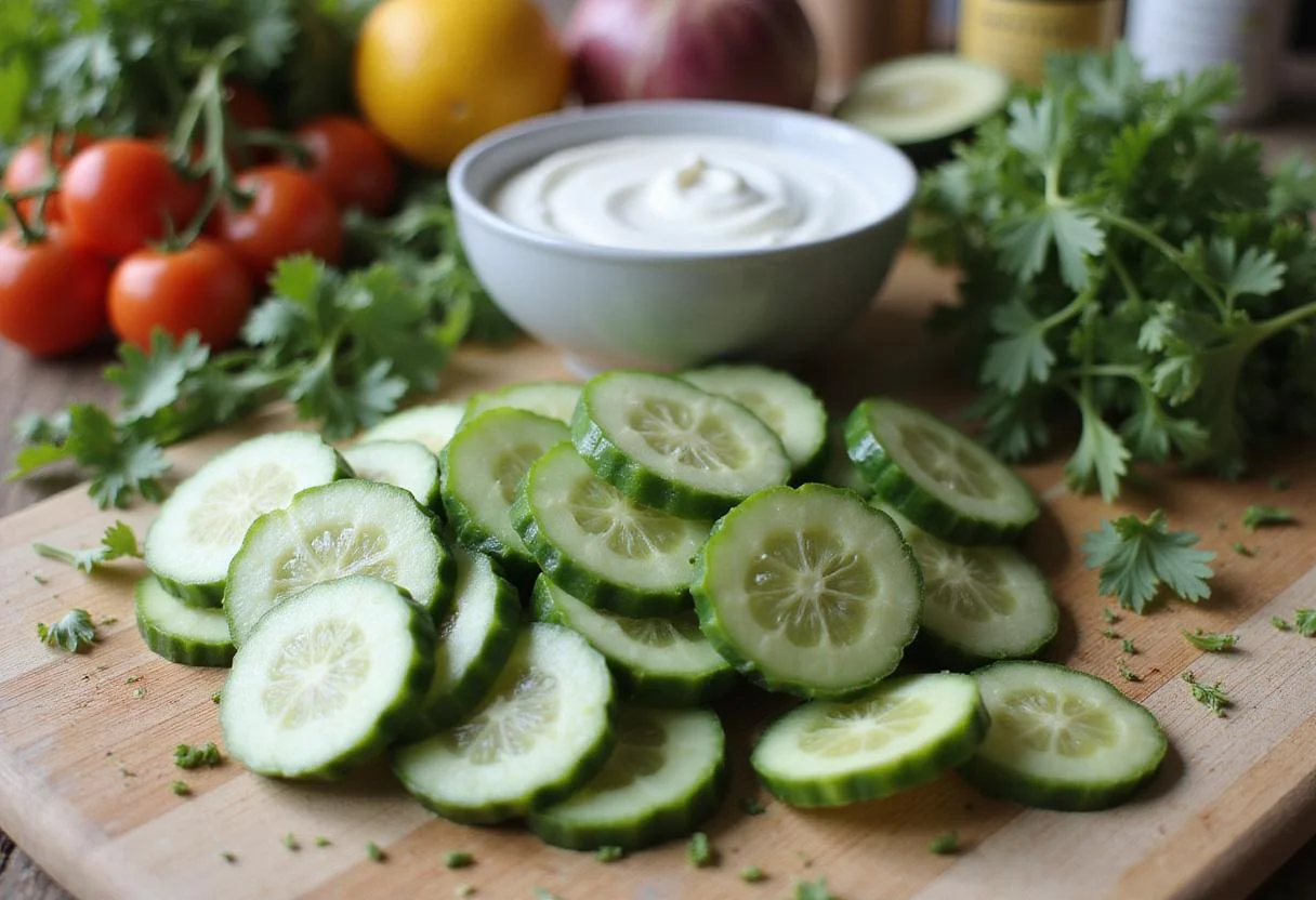 Sliced Persian cucumbers with herbs and yogurt sauce, perfect for low-calorie cucumber bites.