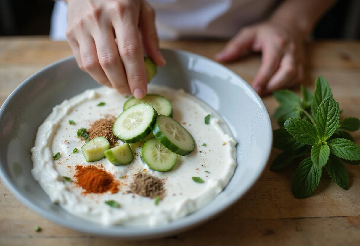 Mixing yogurt with garlic and spices for a light dip to accompany Persian cucumber bites, emphasizing low-calorie options.