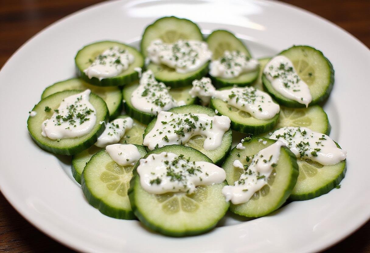 Assembled light Persian cucumber bites topped with yogurt and herbs, showcasing healthy appetizer options.