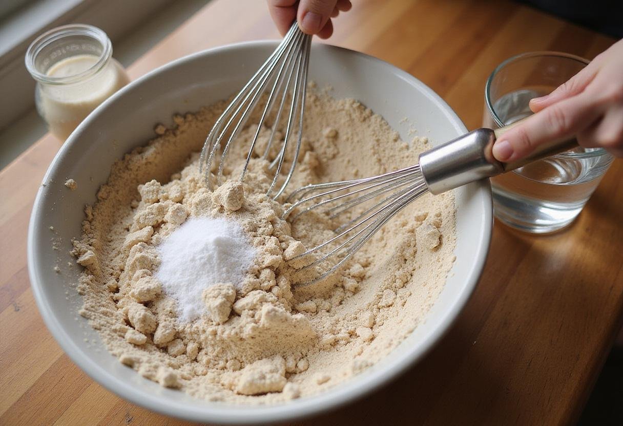 Mixing whole rye flour, vital wheat gluten, and salt for light rye bread. Healthy rye bread recipe with essential ingredients highlighting rye bread calories.