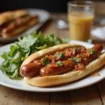 A delightful presentation of low sodium hot dogs served with salad, ideal for a healthy, low salt dinner option.