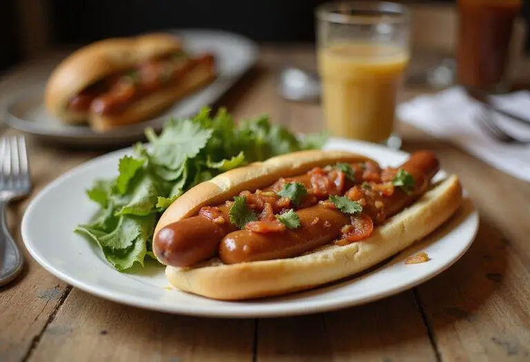 A delightful presentation of low sodium hot dogs served with salad, ideal for a healthy, low salt dinner option.