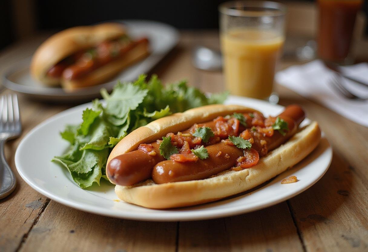 A delightful presentation of low sodium hot dogs served with salad, ideal for a healthy, low salt dinner option.