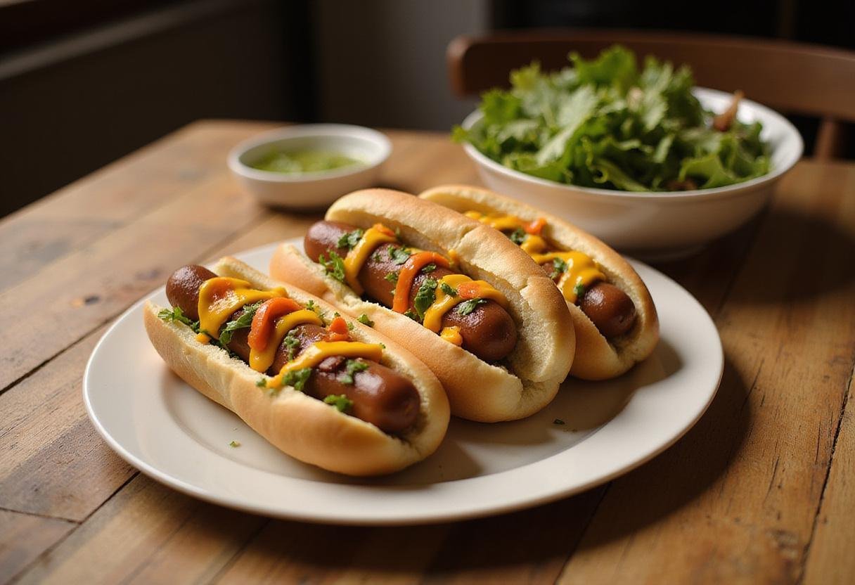A delightful presentation of low sodium hot dogs served with salad, ideal for a healthy, low salt dinner option.