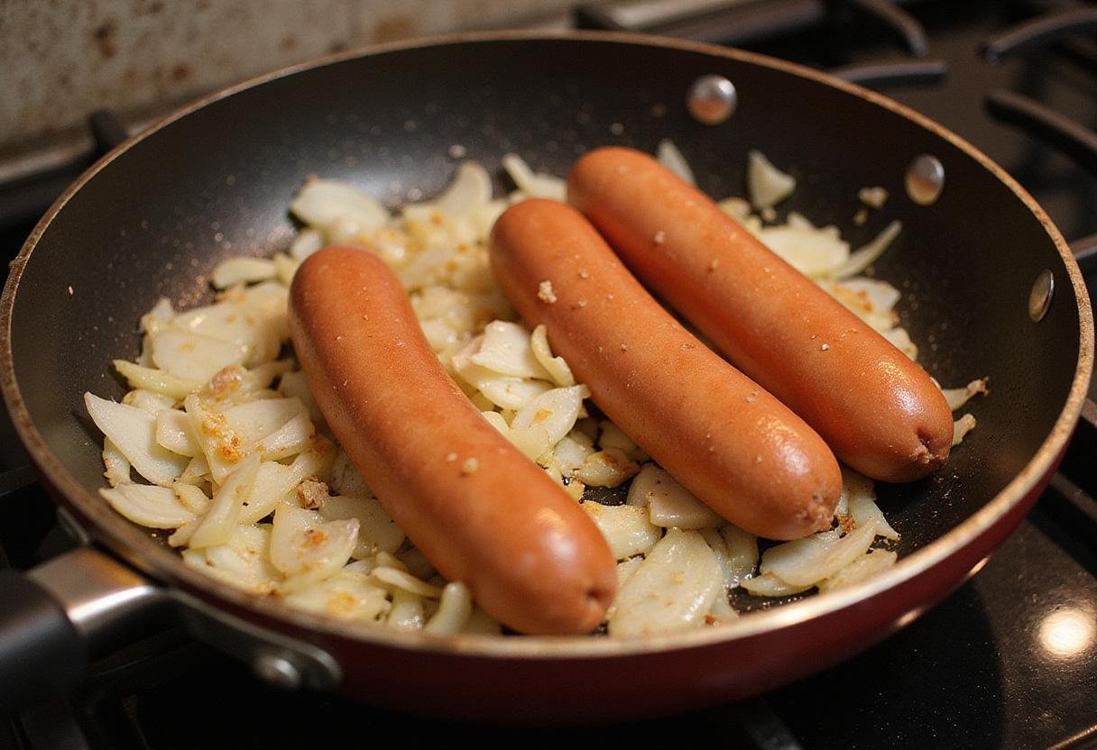 Sautéing onions to complement low sodium hot dogs, creating a delicious low salt topping for a healthier meal.