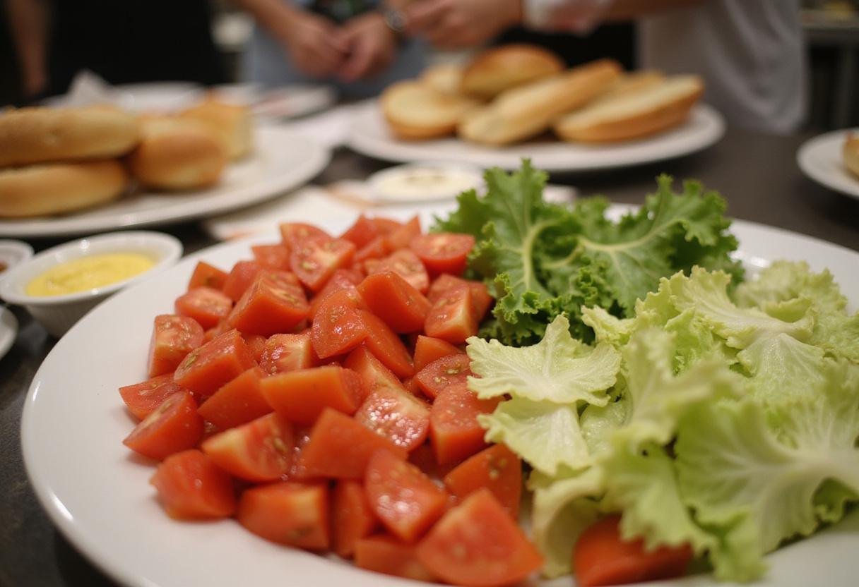 Preparing toppings for low sodium hot dogs, including mustard, tomatoes, and lettuce, for a nutritious and tasty low salt dish.