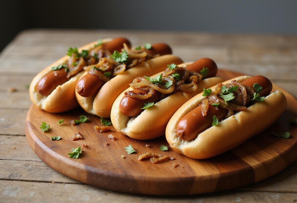 Serving delicious low sodium hot dogs topped with sautéed onions, a perfect low salt meal ideal for health-conscious diners.