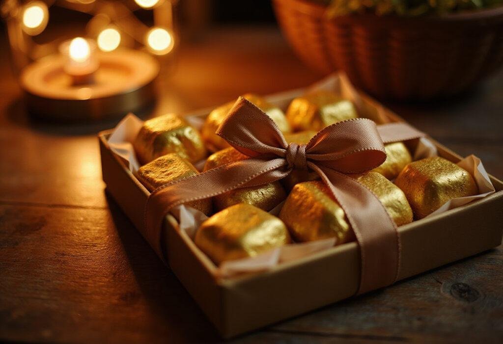 luxurious gold wrapped chocolates in an elegant presentation box