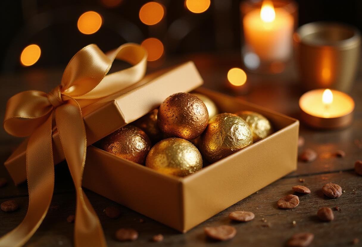 luxurious gold wrapped chocolates in an elegant presentation box