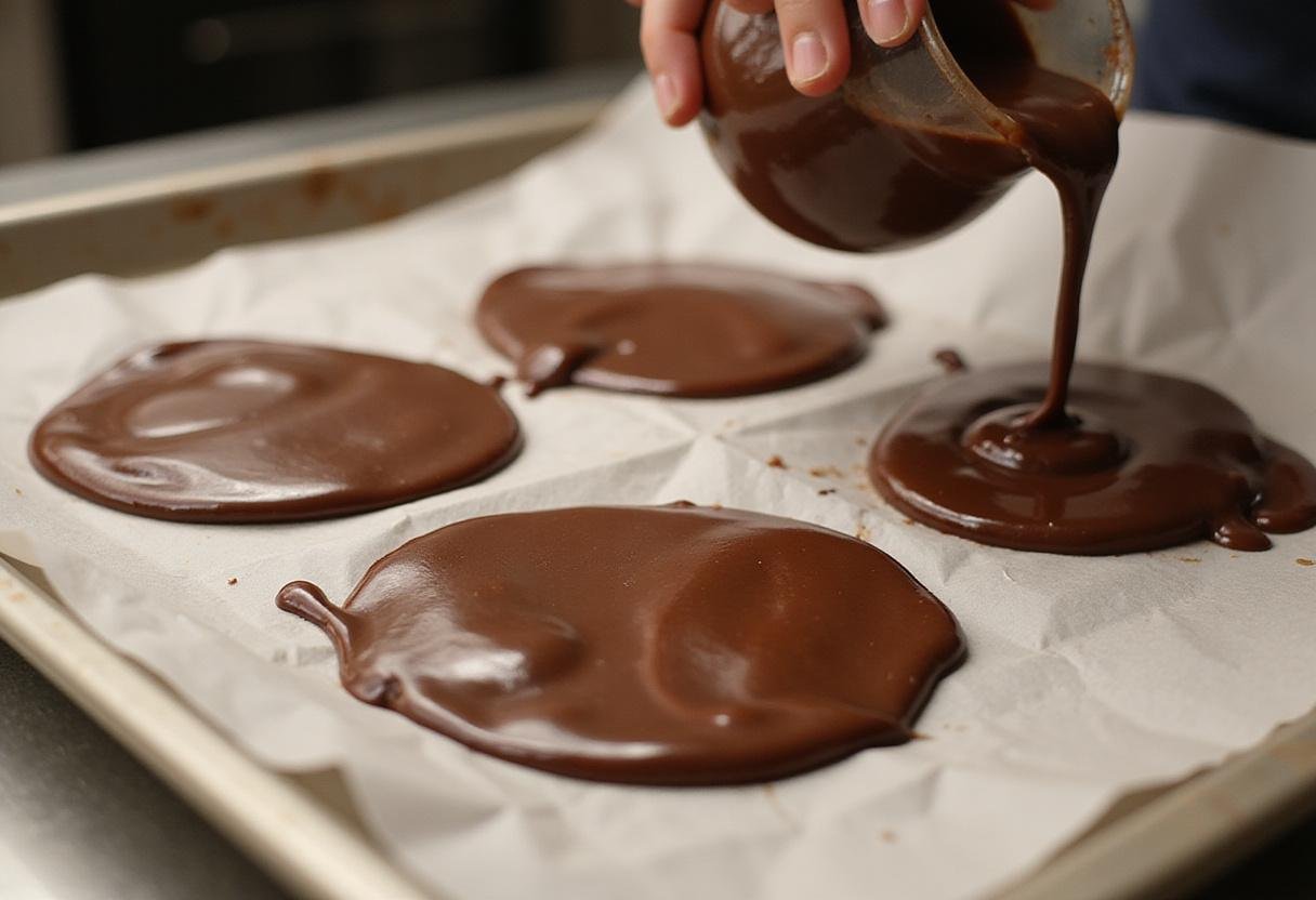pouring melted chocolate into shapes for exquisite gold wrapped chocolate treats
