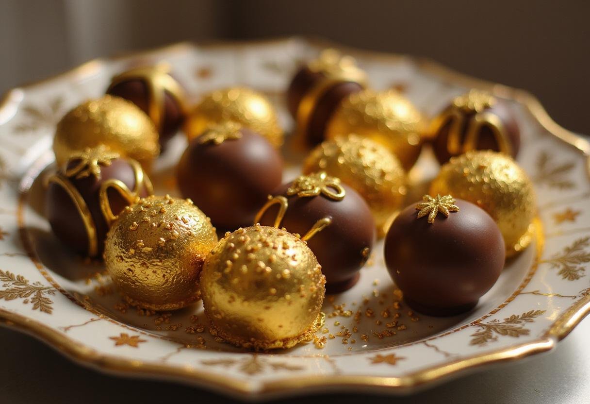 arranging luxurious gold wrapped chocolates on a decorative plate