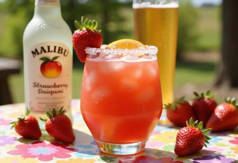 Enjoying a refreshing Malibu strawberry daiquiri, beautifully presented with vibrant colors and garnished with fresh strawberries.