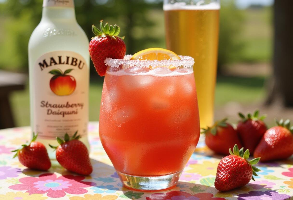 Enjoying a refreshing Malibu strawberry daiquiri, beautifully presented with vibrant colors and garnished with fresh strawberries.