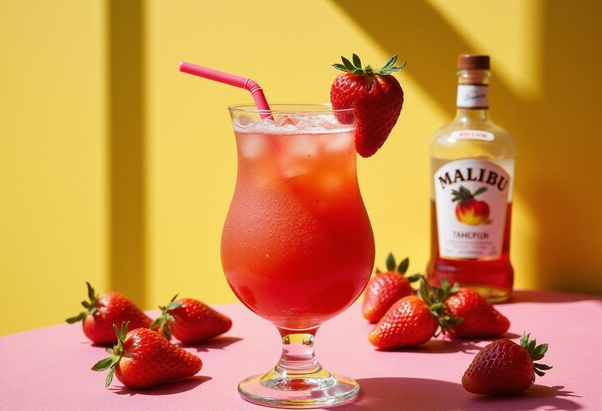 Enjoying a refreshing Malibu strawberry daiquiri, beautifully presented with vibrant colors and garnished with fresh strawberries.