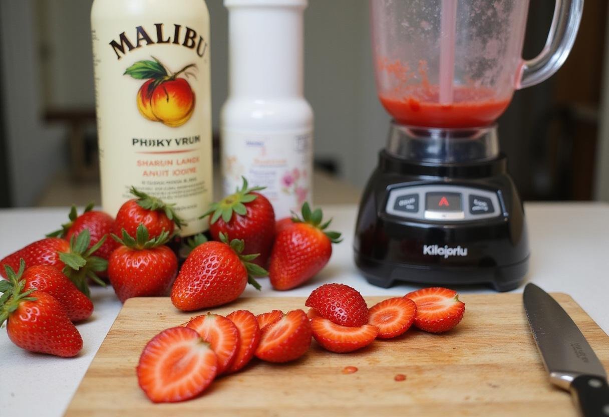 Preparing fresh strawberries for a Malibu strawberry daiquiri, showcasing ripe strawberries and Malibu rum on the kitchen counter.
