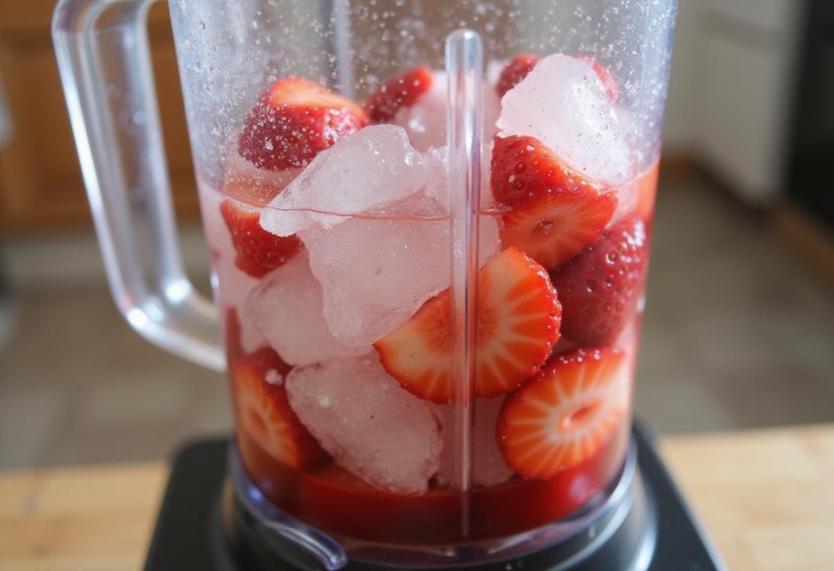 Blending fresh strawberries with Malibu rum and ice for a delicious strawberry daiquiri concoction.