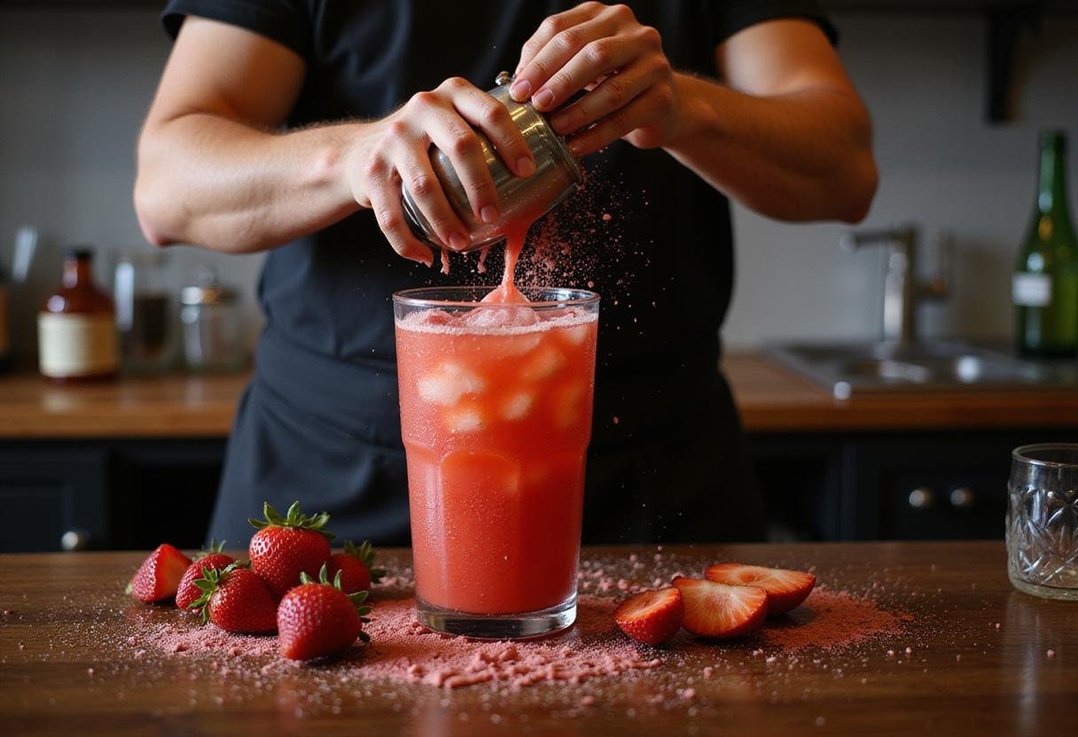 Shaking the blended strawberry Malibu daiquiri mixture in a cocktail shaker to combine all ingredients perfectly.