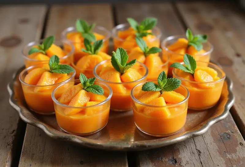 Final presentation of mandarin orange cups, showcasing stylishly arranged fruit in cups, perfect for a refreshing dessert or snack.