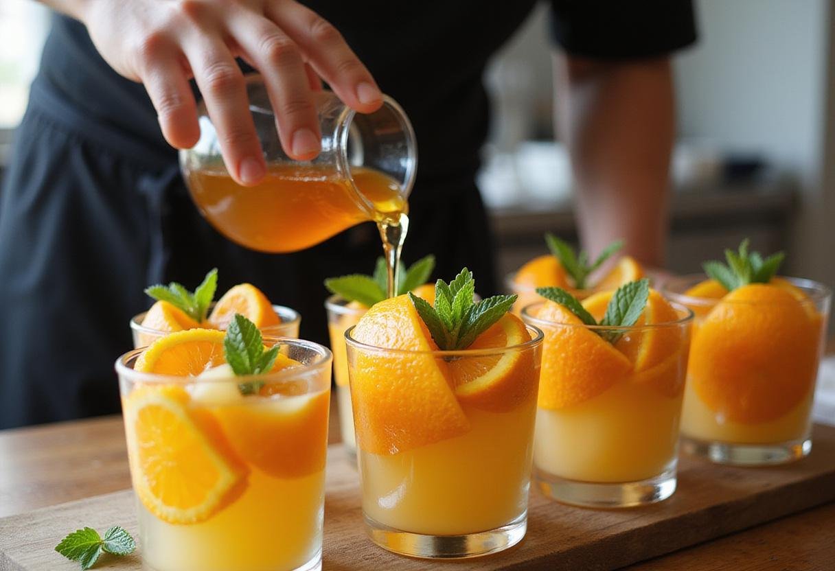 Pouring mint-honey syrup over mandarin orange cups, enhancing the presentation with a shiny glaze for an appetizing look.