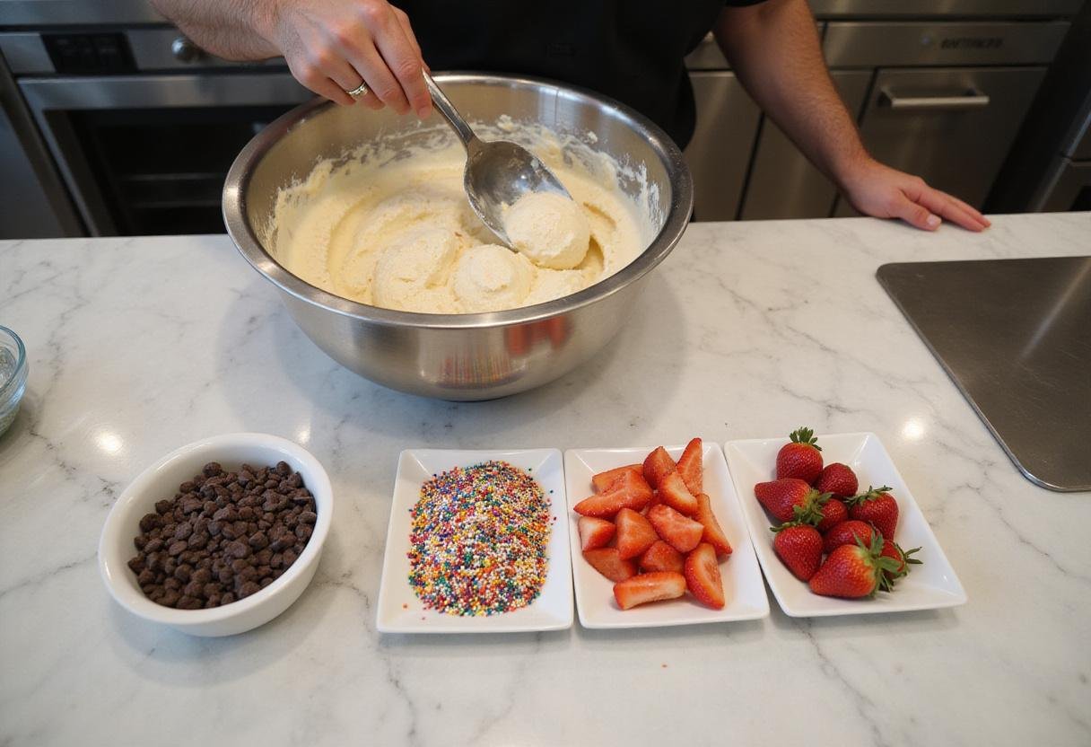 The perfect combination of melted ice cream and toppings awaits in a mixing bowl, creating an irresistible melted ice cream treat.