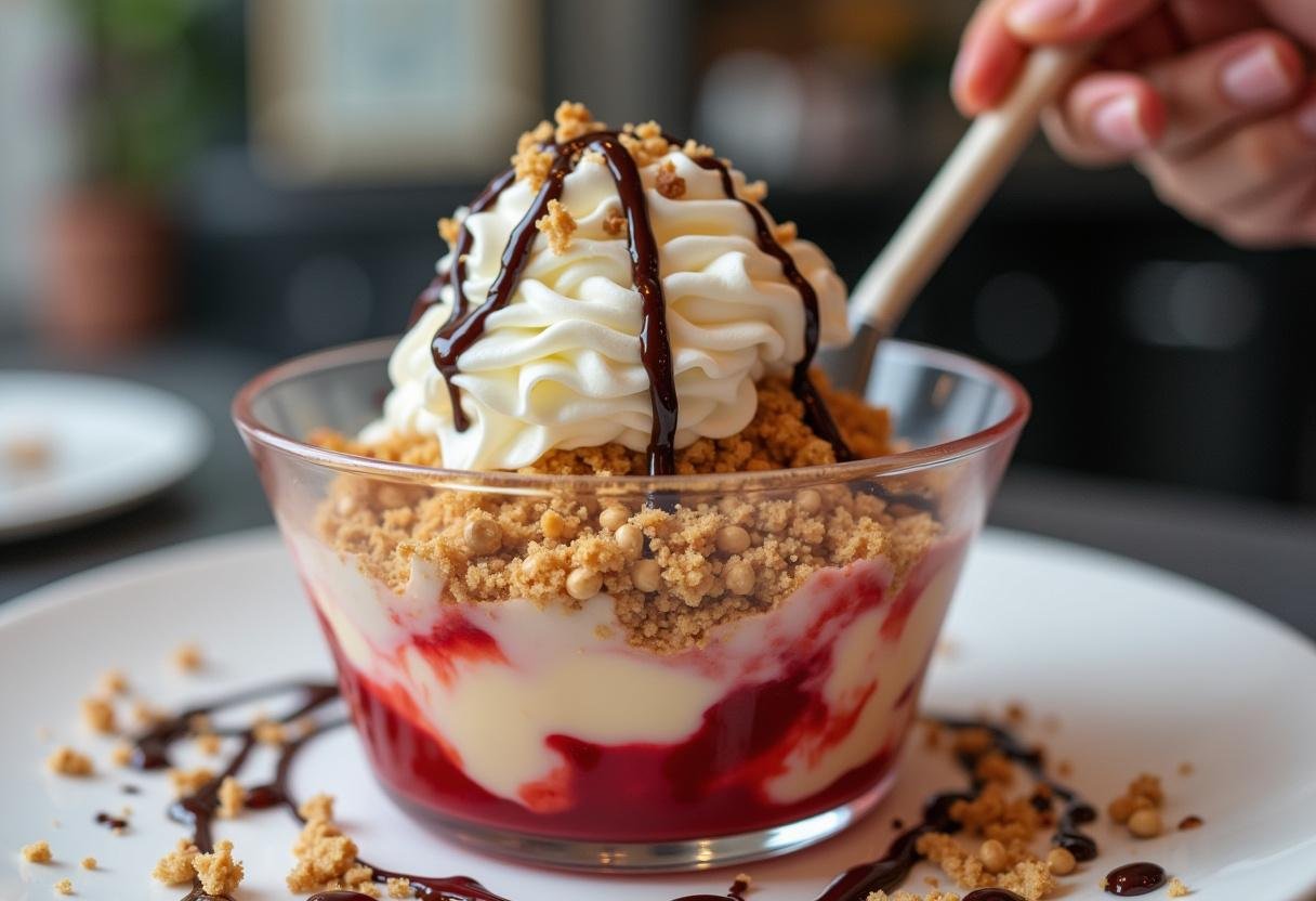 Delicious layers of melted ice cream and toppings artfully arranged in a glass dessert dish, perfect for indulging in a melted ice cream dream.