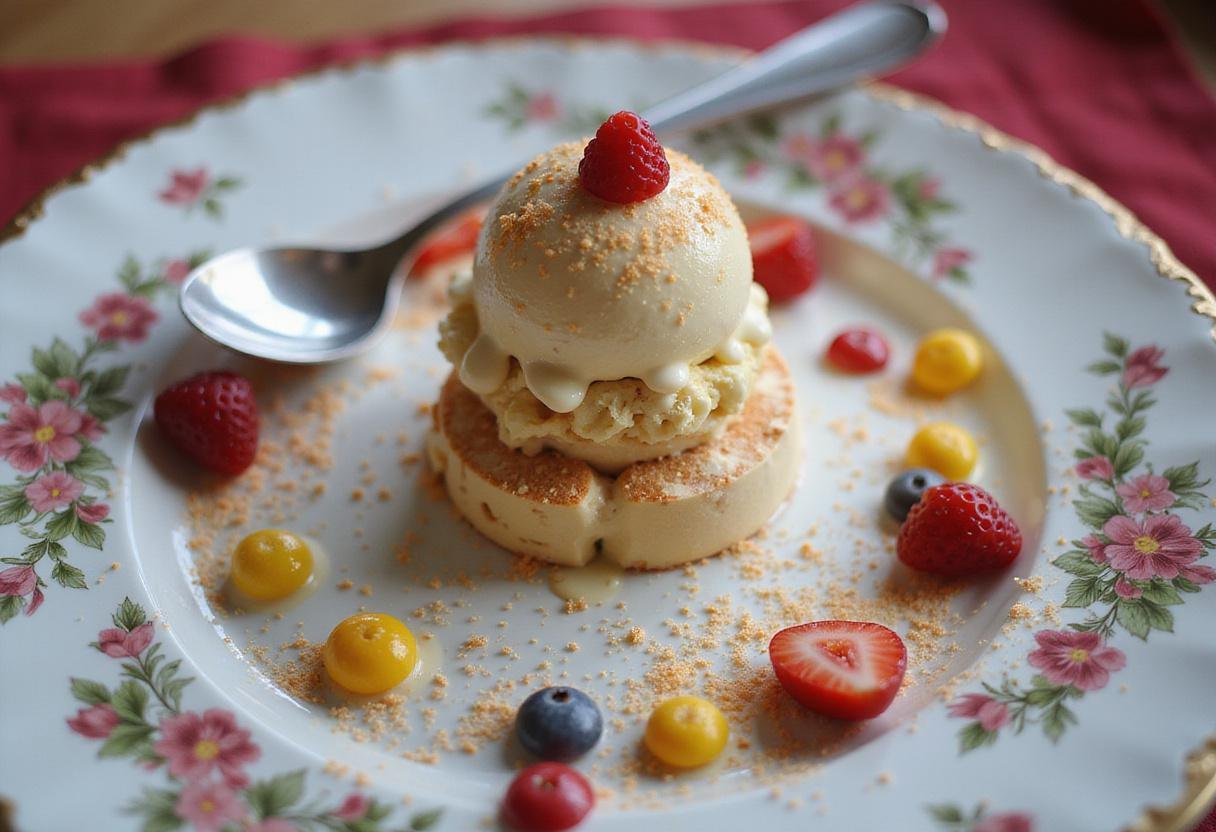 An exquisite arrangement of melted ice cream dessert on a plate, embellished with toppings, ready to be savored in a melted ice cream dream experience.