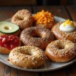 Final presentation of Mike's bagels Washington Heights, highlighting delicious toppings and fresh-baked goodness.