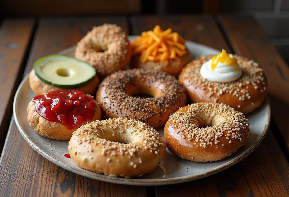 Final presentation of Mike's bagels Washington Heights, highlighting delicious toppings and fresh-baked goodness.