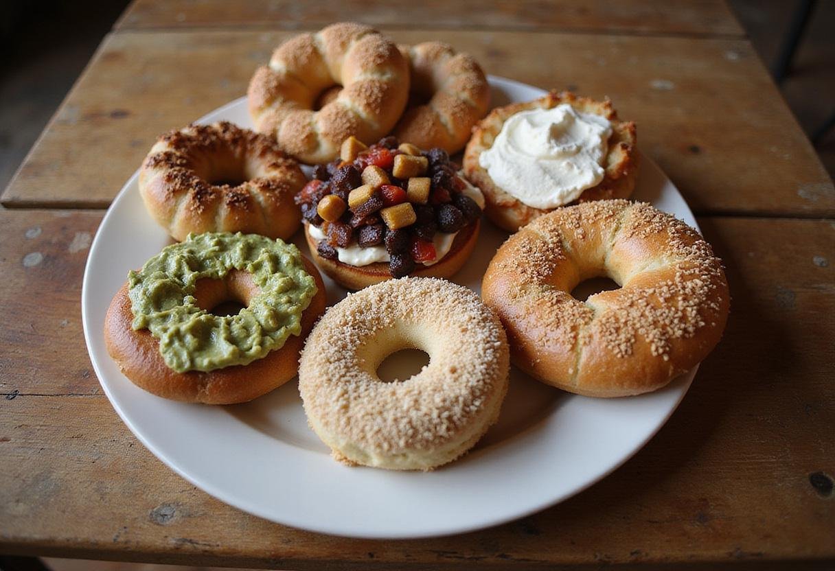 Final presentation of Mike's bagels Washington Heights, highlighting delicious toppings and fresh-baked goodness.