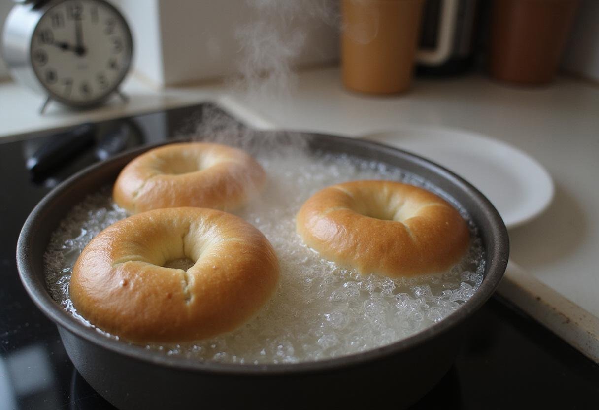 Boiling bagels for Mike’s Washington Heights bagels recipe, ensuring a chewy crust.