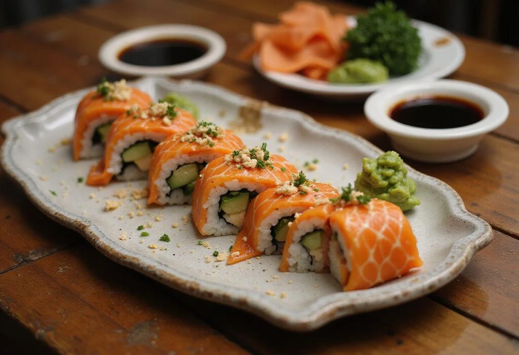 An exquisite presentation of Mioki's sushi creation, showcasing vibrant sushi rolls with garnishes on a wooden platter.