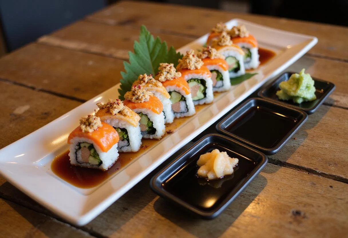 An exquisite presentation of Mioki's sushi creation, showcasing vibrant sushi rolls with garnishes on a wooden platter.