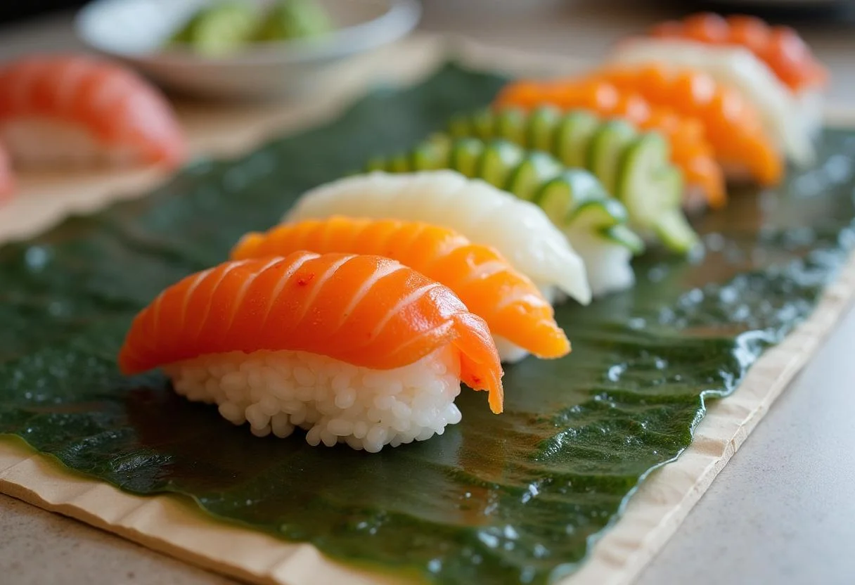 Spreading sushi rice on seaweed for Mioki's sushi creation, showcasing fresh vegetables and the maki rolling process.
