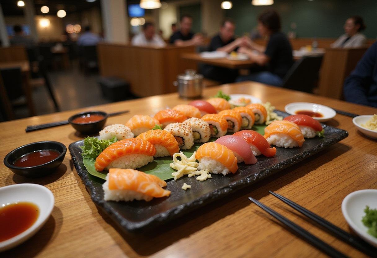 Final presentation of Mr. Sushi's deluxe menu, an inviting sushi platter ready for enjoyment, showcasing culinary artistry.