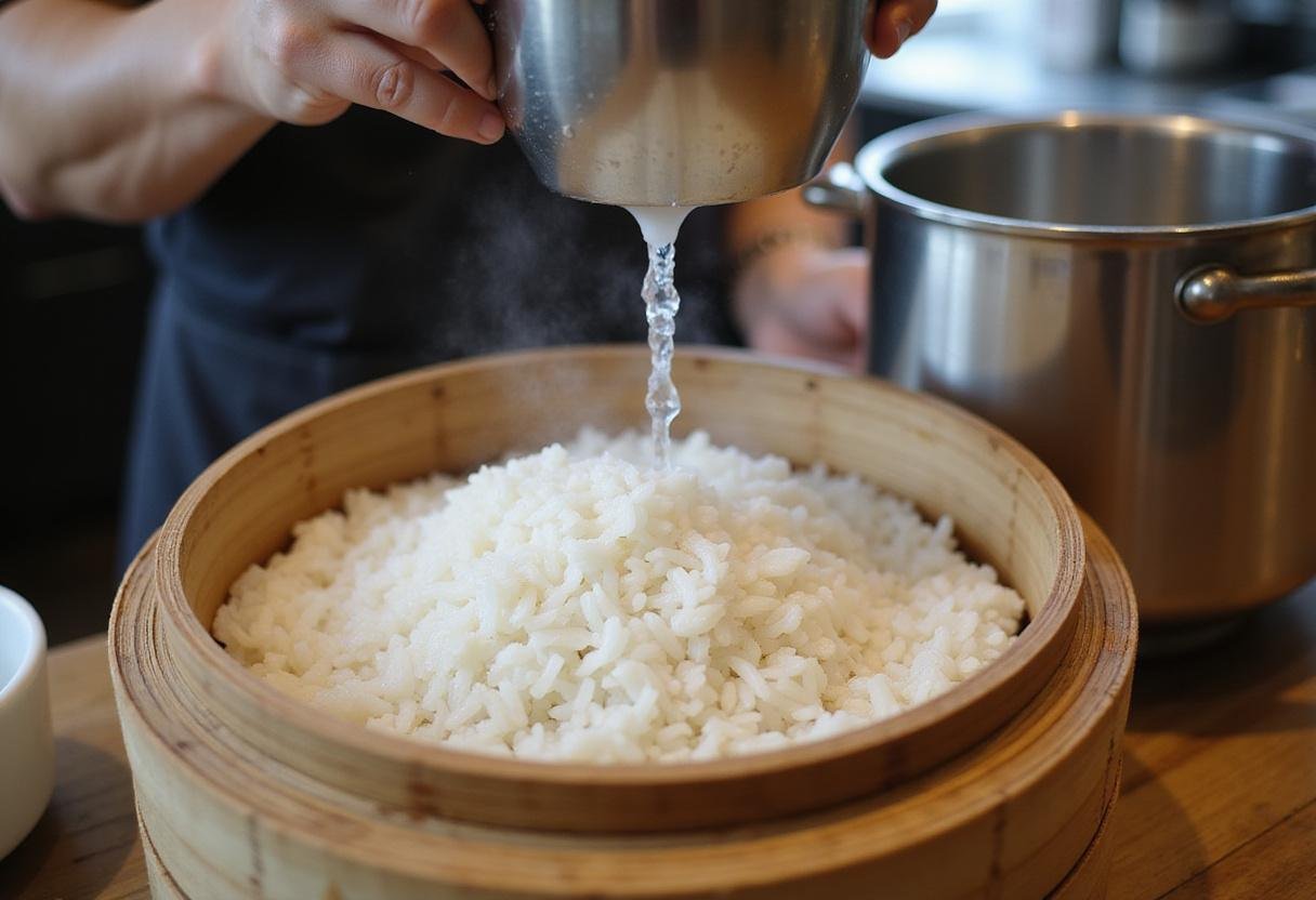 Preparing sushi rice for Mr. Sushi's deluxe menu with rinsed grains in a bamboo steamer, essential for perfect sushi.