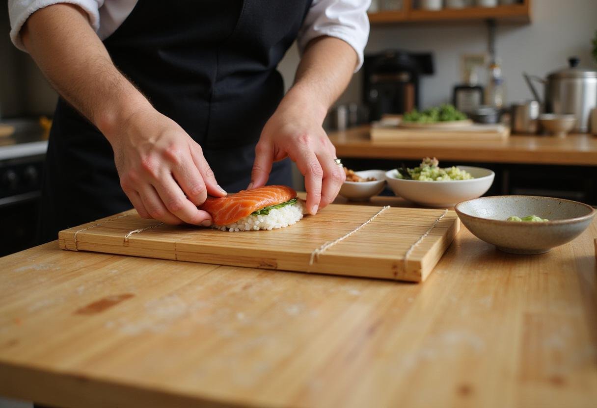Rolling sushi for Mr. Sushi's deluxe menu, showcasing the delicious filling and expert craftsmanship.