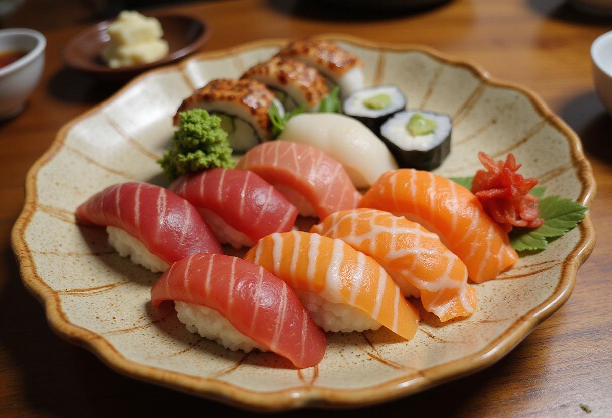 Beautifully arranged sushi platter for Mr. Sushi's deluxe menu, displaying an assortment of colorful sushi delights.