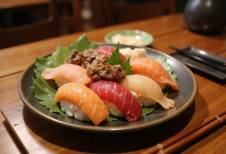 Delicious Nagoya steakhouse sushi combo served elegantly, showcasing vibrant sushi and sashimi on a traditional Japanese table.