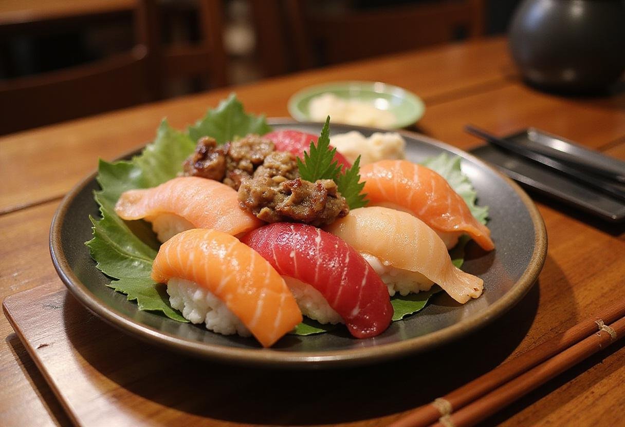 Delicious Nagoya steakhouse sushi combo served elegantly, showcasing vibrant sushi and sashimi on a traditional Japanese table.