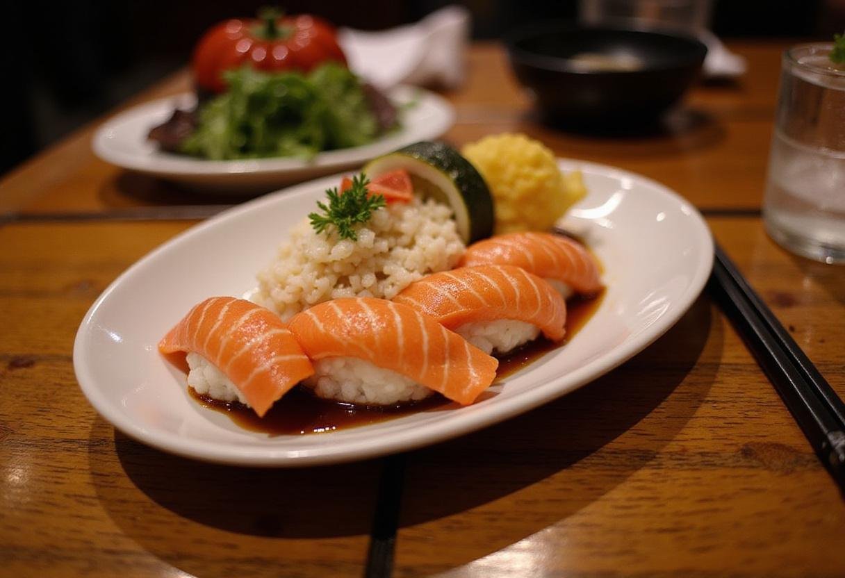 Delicious Nagoya steakhouse sushi combo served elegantly, showcasing vibrant sushi and sashimi on a traditional Japanese table.