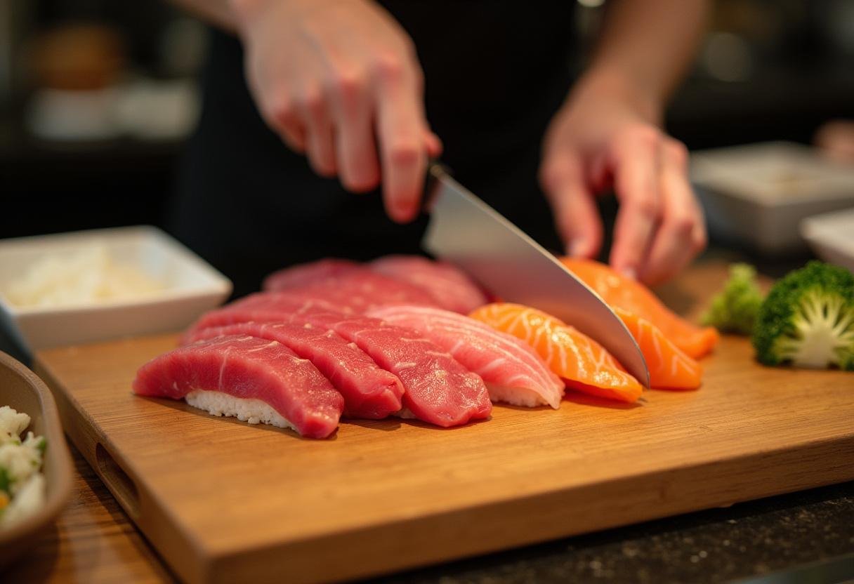 Nagoya steakhouse sushi preparation, fresh tuna and salmon sashimi being sliced on a wooden cutting board.