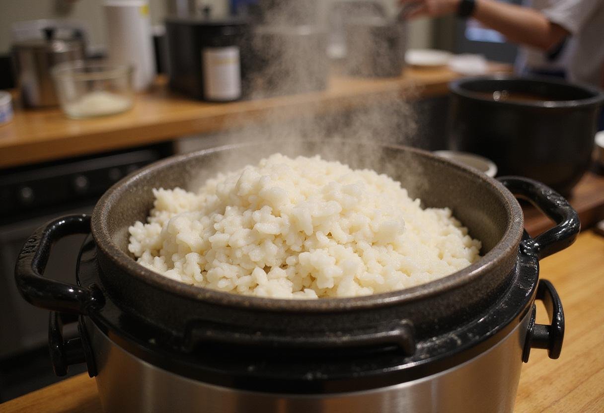 Preparing sushi rice for Nagoya steakhouse sushi, a rice cooker steaming short-grain rice with vinegar mixture in the background.