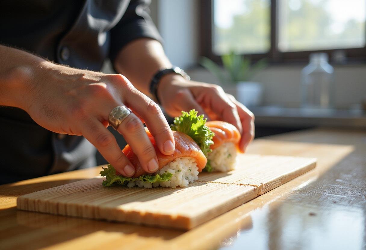 Rolling sushi at a Nagoya steakhouse, showcasing fresh ingredients and a bamboo mat used for sushi making.