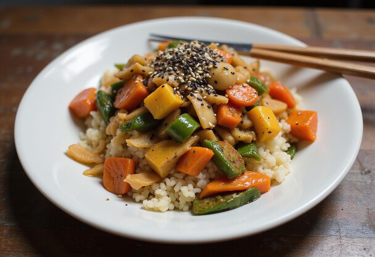 Deliciously plated ninja combi meal featuring vibrant stir-fried vegetables and rice, showcasing the artistry of ninja combi recipes.